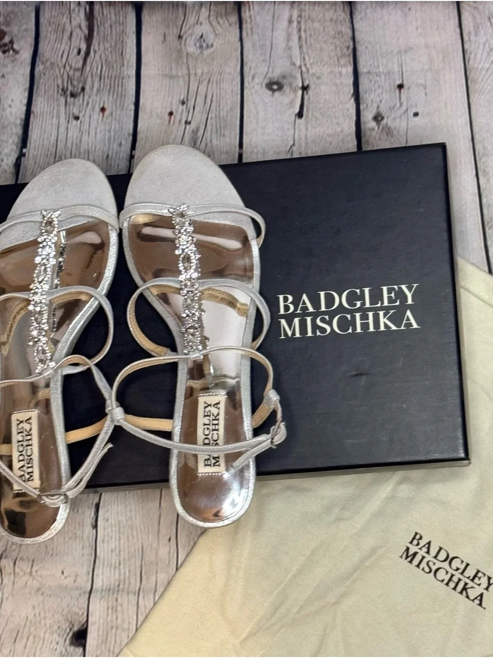 Badgley Mischka Carley II Silver Crystal T-Strap Wedge Sandals Size 7.5